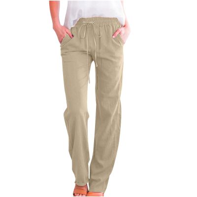 RKSTN Linen Pants for Women High Waisted Wide Leg Pants for Women Casual Drawstring Elastic Trousers with Pockets Cotton Linen Long Straight Pants 2024