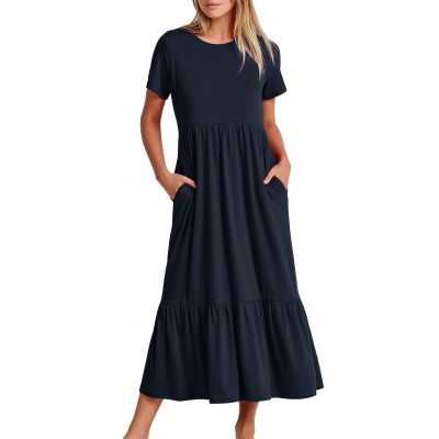 Women's Summer Casual Short Sleeve Crewneck Swing Dress Casual Flowy Tiered Maxi Beach Dress with Pockets (Blue, XX-Large)