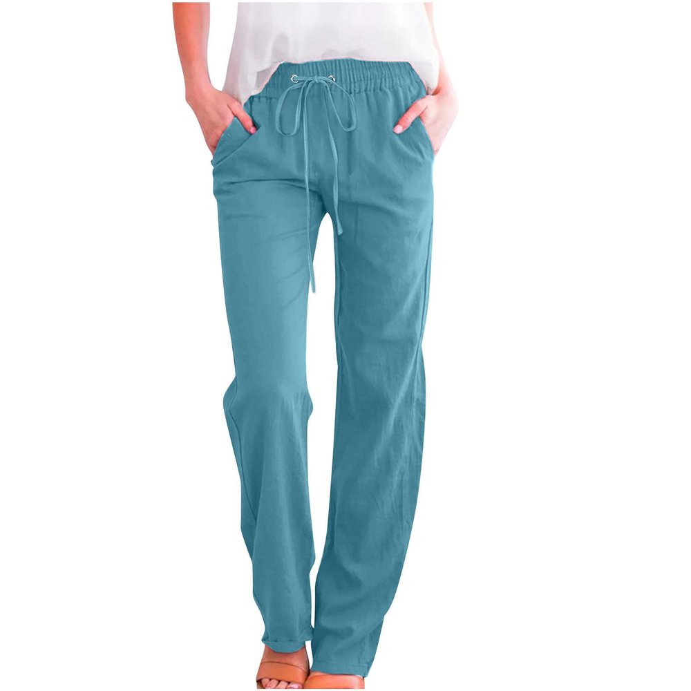RKSTN Womens Cargo Pants High Waisted Wide Leg Pants for Women Casual Drawstring Elastic Trousers with Pockets Cotton Linen Long Straight Pants 2024