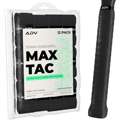 ADV MaxTac Tacky Tennis Overgrip - 12 Pack Extremely Sticky Non-Slip Tennis Grips Overgrip - Razor-Thin & Easy to Use Pro Tennis Racquet Grip Tape (12-Pack Black)