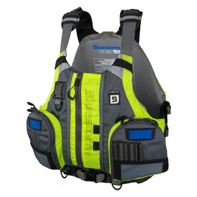 BLUESTORM Kinetic Fishing Life Jacket (PFD) | Fully Adjustable | Slim Back | Large Pockets | US Coast Guard Approved | for Kayaking, Fishing and More (Hi-Vis Green, Large/XL)