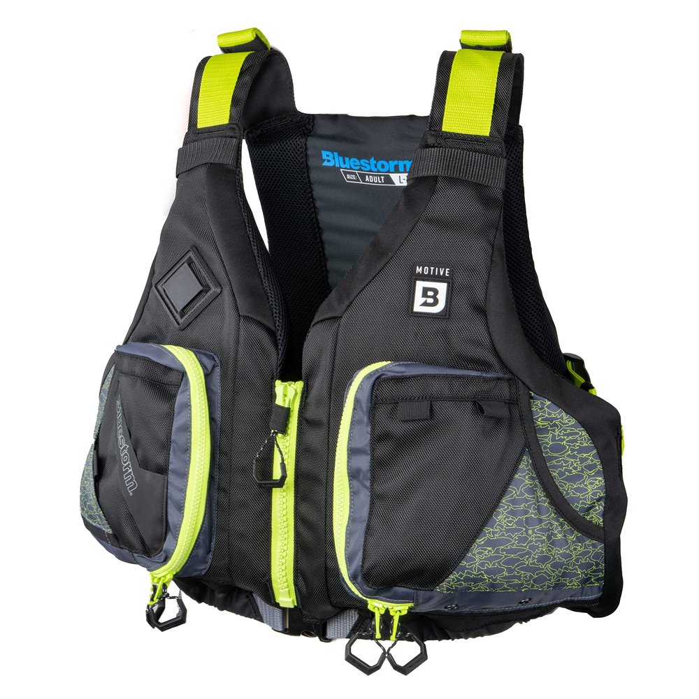 BLUESTORM Motive Kayak Life Jacket (PFD) | Fully Adjustable | Lined Pockets | US Coast Guard Approved | for Kayaking, Paddling, Fishing and More (Hi-Vis Green, Large/XL)
