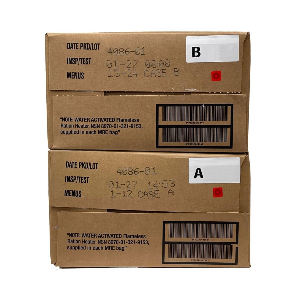Ammo Can Man MRE (Meals-Ready-To-Eat) Case - Genuine Military Surplus Cases | 2027 Inspection Date (A and B Combo - Menus 1-24)