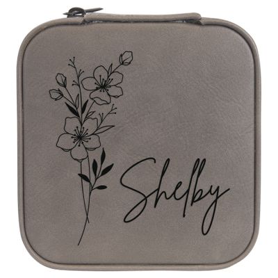 Personalized Birth Flower Jewelry Box Travel Case (Grey, March - Cherry Blossom)