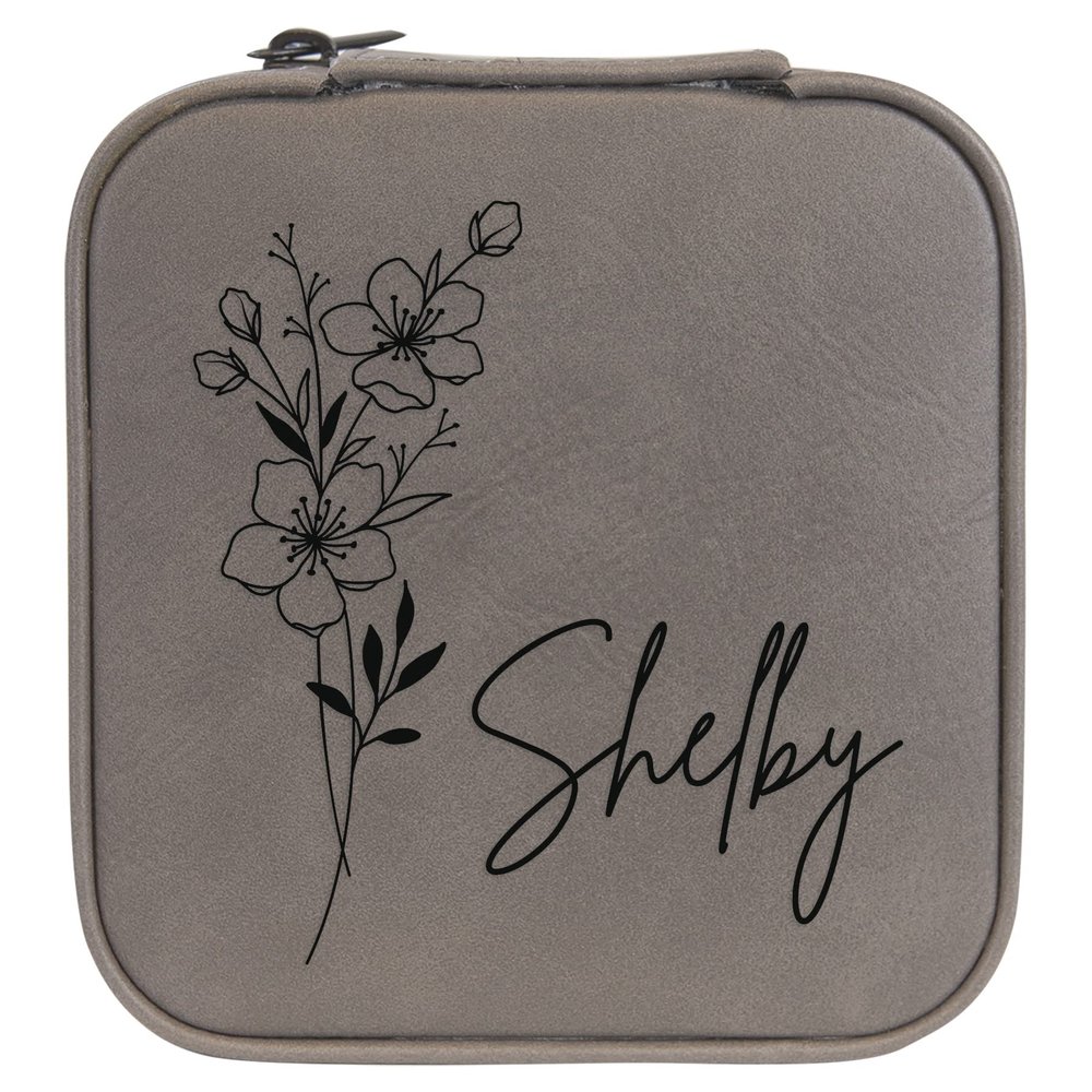 Personalized Birth Flower Jewelry Box Travel Case (Grey, March - Cherry Blossom)