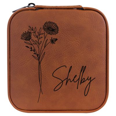 Personalized Birth Flower Jewelry Box Travel Case (Rawhide, September - Aster)