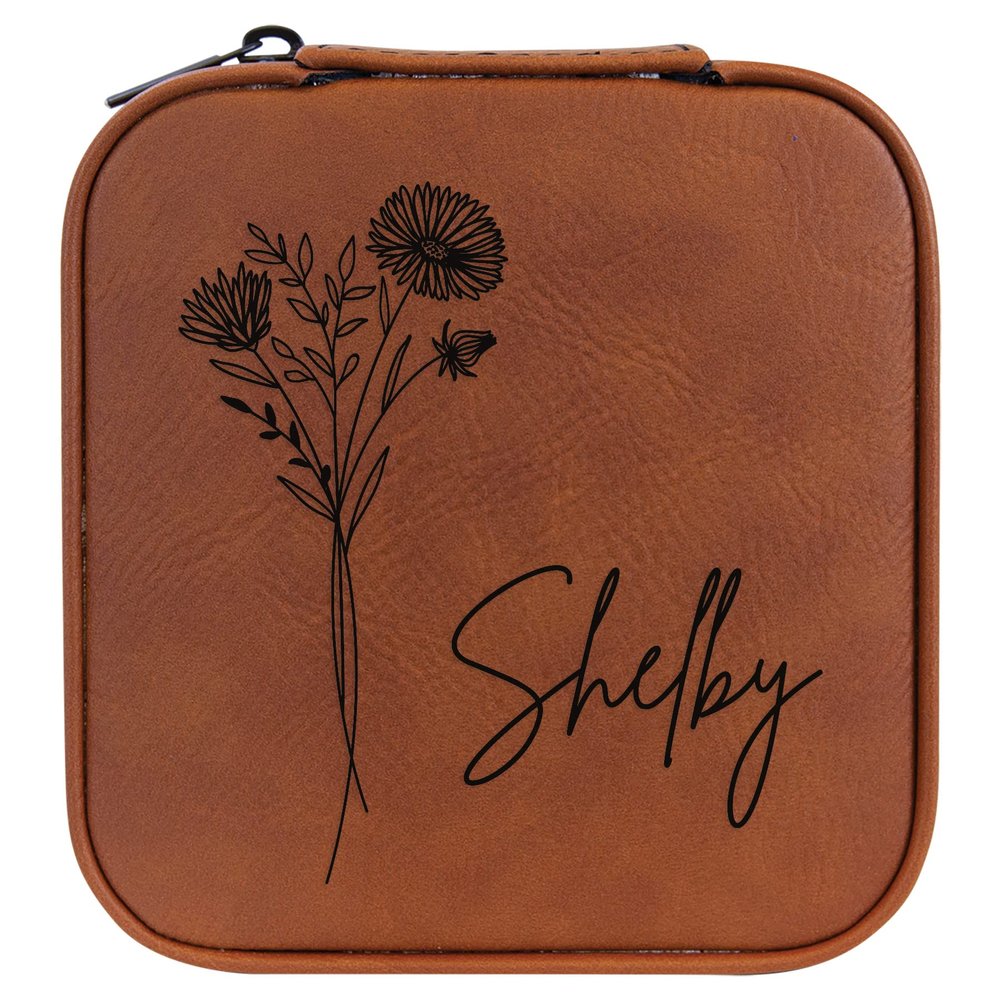 Personalized Birth Flower Jewelry Box Travel Case (Rawhide, September - Aster)