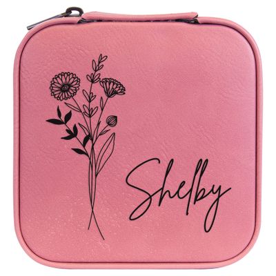 Personalized Birth Flower Jewelry Box Travel Case (Pink, October - Marigold)