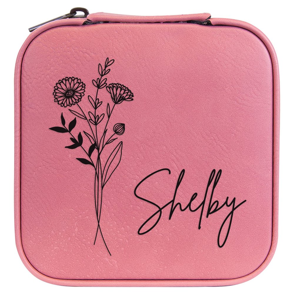 Personalized Birth Flower Jewelry Box Travel Case (Pink, October - Marigold)