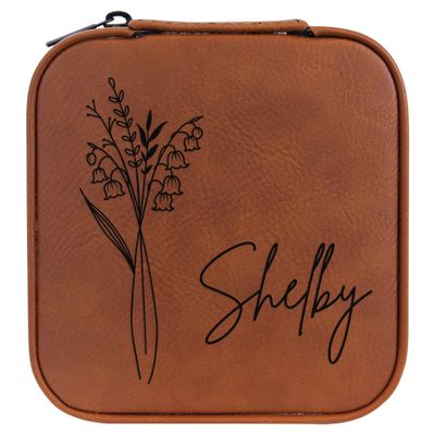 Personalized Birth Flower Jewelry Box Travel Case (Rawhide, May - Lily Of The Valley)