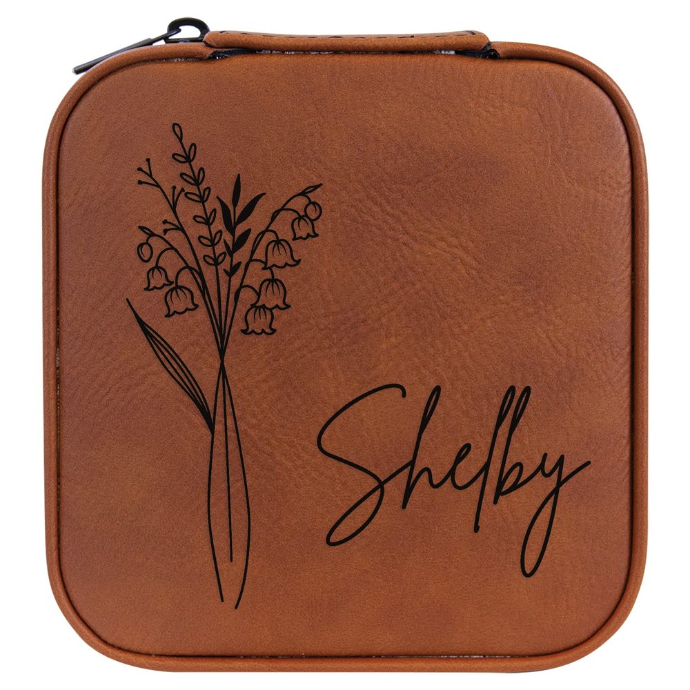Personalized Birth Flower Jewelry Box Travel Case (Rawhide, May - Lily Of The Valley)
