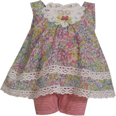 Bonnie Jean Baby Girls 3M-24M Pink/Multi Floral-n-Stripe Romper Dress Set (6-9 Months, Pink)