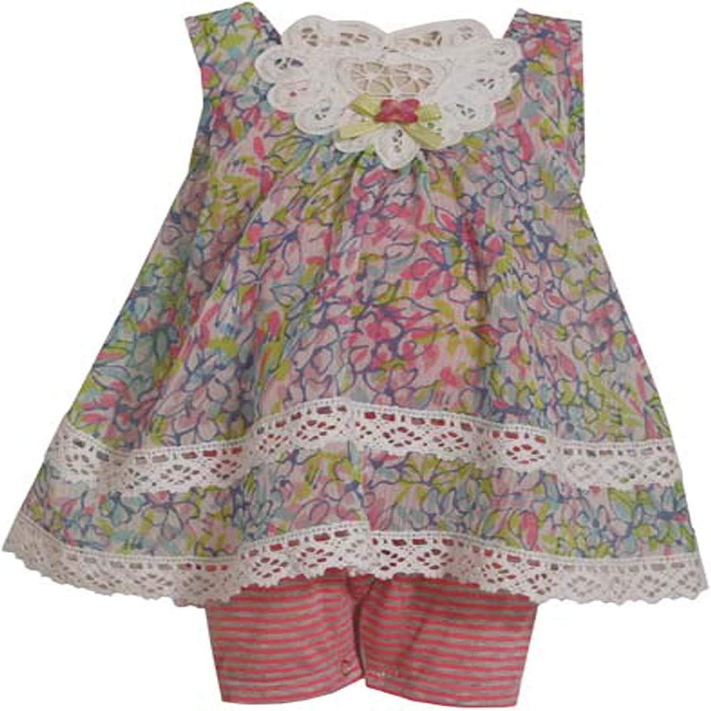 Bonnie Jean Baby Girls 3M-24M Pink/Multi Floral-n-Stripe Romper Dress Set (6-9 Months, Pink)
