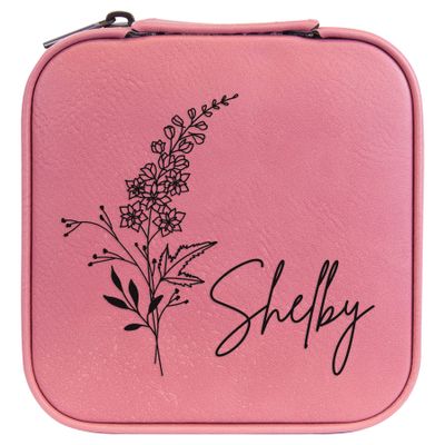 Personalized Birth Flower Jewelry Box Travel Case (Pink, July - Larkspur)