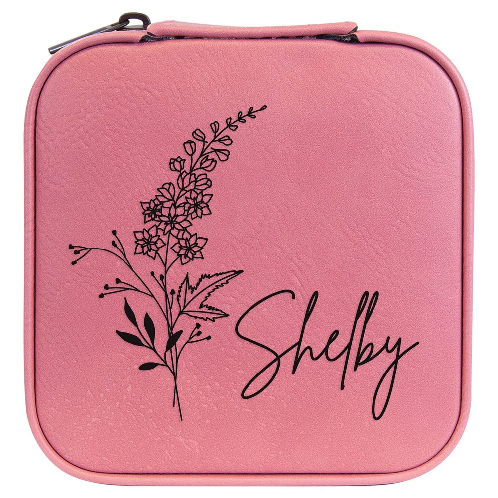 Personalized Birth Flower Jewelry Box Travel Case (Pink, July - Larkspur)