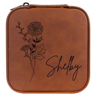 Personalized Birth Flower Jewelry Box Travel Case (Rawhide, November - Mums)