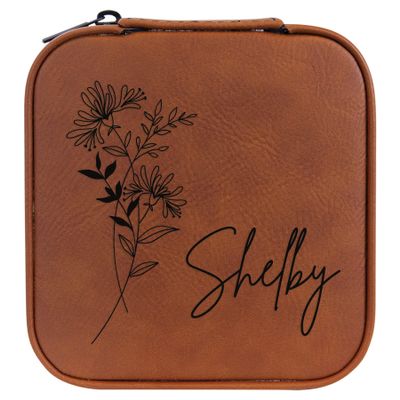 Personalized Birth Flower Jewelry Box Travel Case (Rawhide, June - Honeysuckle)