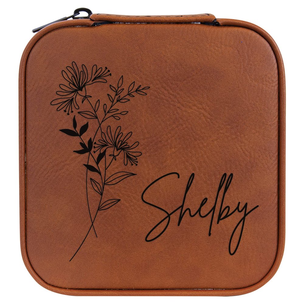 Personalized Birth Flower Jewelry Box Travel Case (Rawhide, June - Honeysuckle)