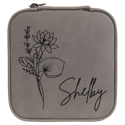 Personalized Birth Flower Jewelry Box Travel Case (Grey, July - Water Lily)