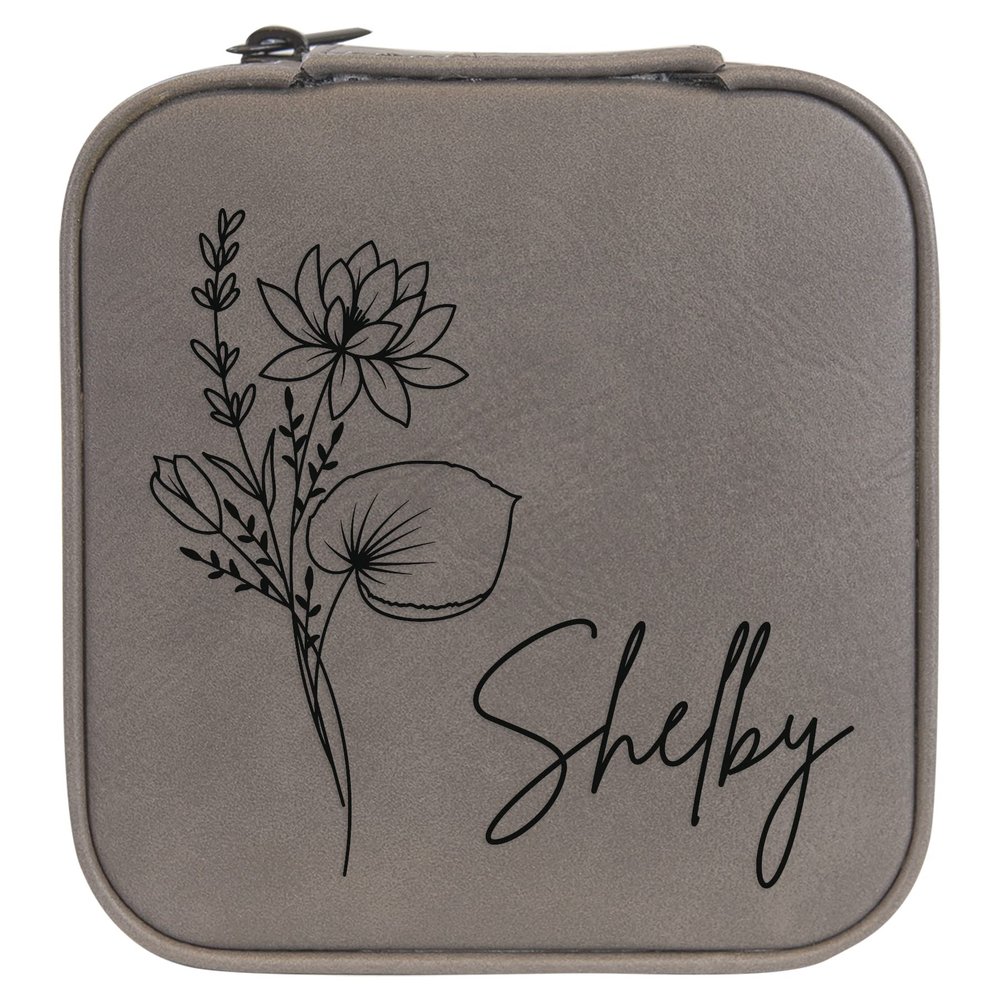 Personalized Birth Flower Jewelry Box Travel Case (Grey, July - Water Lily)