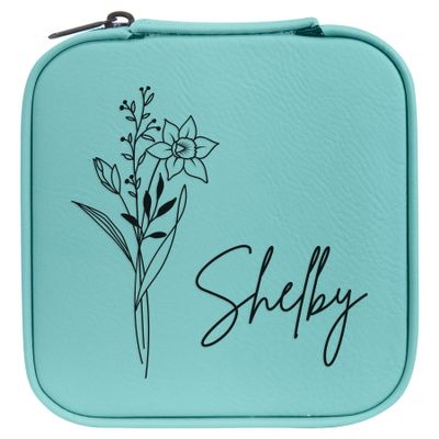 Personalized Birth Flower Jewelry Box Travel Case (Teal, March - Daffodil)