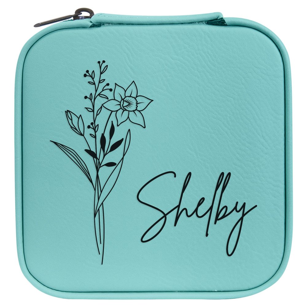 Personalized Birth Flower Jewelry Box Travel Case (Teal, March - Daffodil)