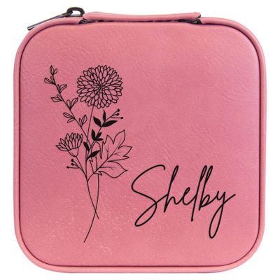 Personalized Birth Flower Jewelry Box Travel Case (Pink, November - Mums)