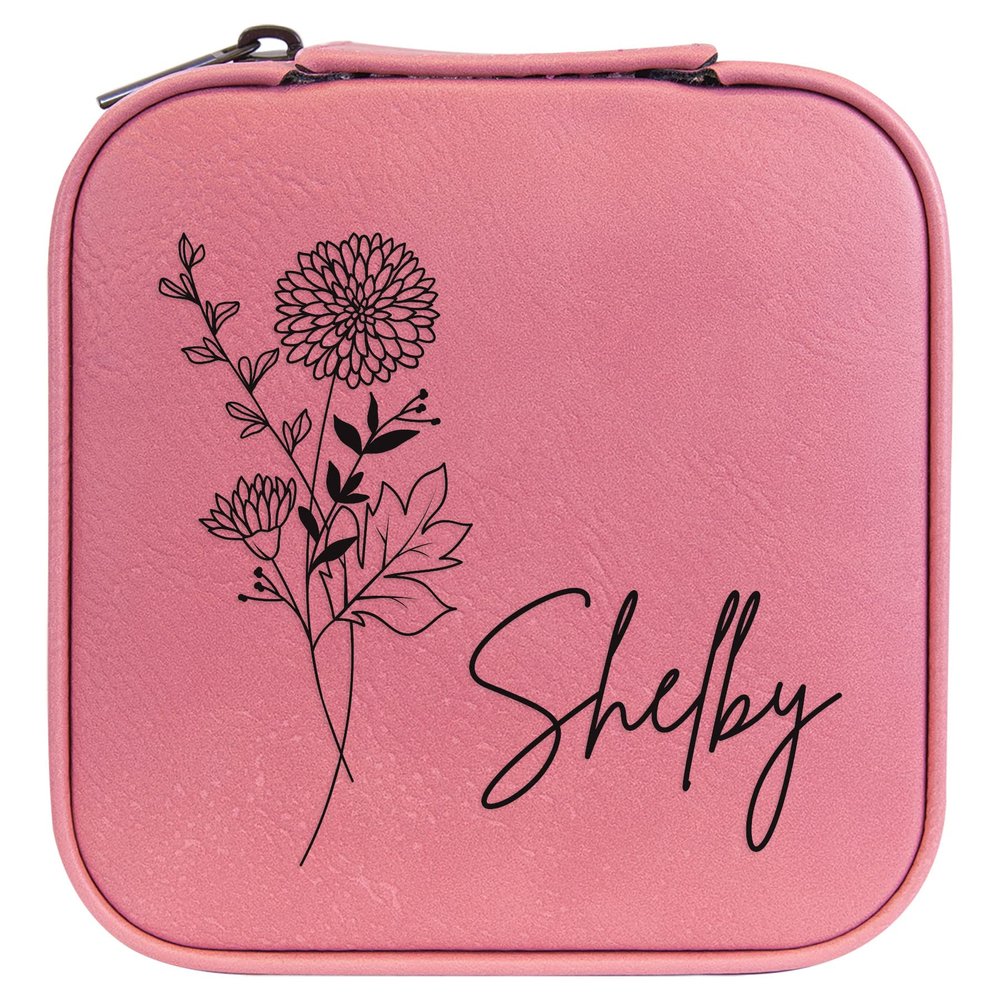 Personalized Birth Flower Jewelry Box Travel Case (Pink, November - Mums)