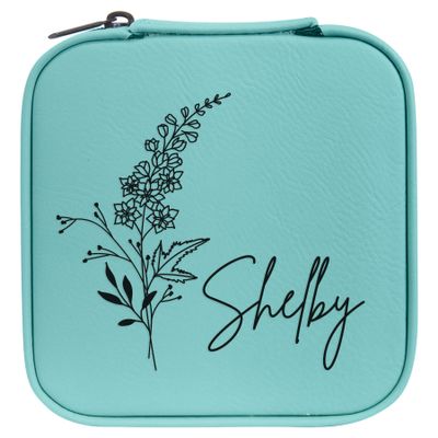 Personalized Birth Flower Jewelry Box Travel Case (Teal, July - Larkspur)