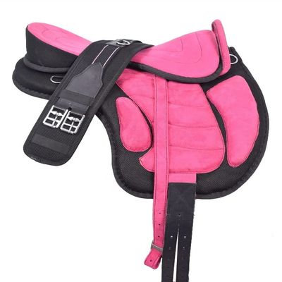 All Purpose Synthetic Treeless FREEMAX English Saddle Pemium Quality Handmade Tack Set Girth Stirrups (Pink, 16 Inches)
