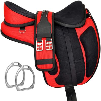 All Purpose Synthetic Treeless FREEMAX English Saddle Pemium Quality Handmade Tack Set Girth Stirrups (Red, 13 Inches)