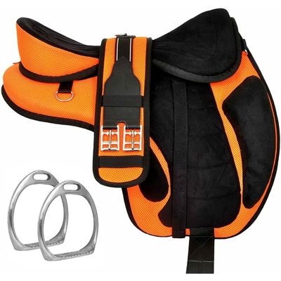 All Purpose Synthetic Treeless FREEMAX English Saddle Pemium Quality Handmade Tack Set Girth Stirrups (Orange, 17 Inches)