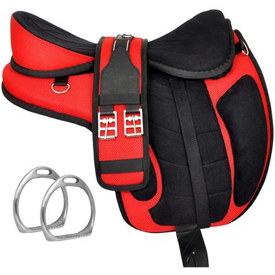 All Purpose Synthetic Treeless FREEMAX English Saddle Pemium Quality Handmade Tack Set Girth Stirrups (Red, 17 Inches)