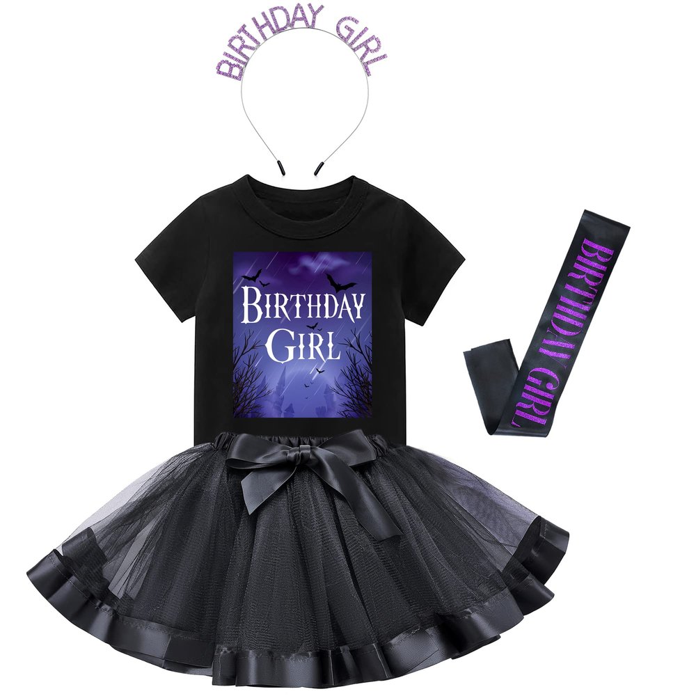 Tutu and Sian Gothic Style Birthday Girl Outfit: T-shirt, Tutu Skirt Dress, Birthday Girl Crown and Satin Sash (Dark, 4-5 Years)