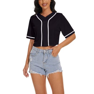 Women's Baseball Jersey Short Crop Tops Blank Button Casual Softball Shirt Activewear Tee Summer Clothing (Black,XL,X-Large,Regular,Regular)