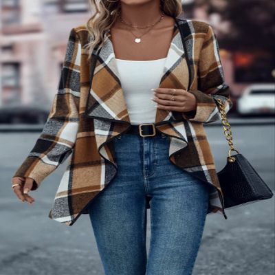 GLOPUK Women's Jackets Jackets for Women Plaid Waterfall Collar Asymmetrical Hem Tweed Overcoat Jacket (Color : Multicolor, Size : Large)