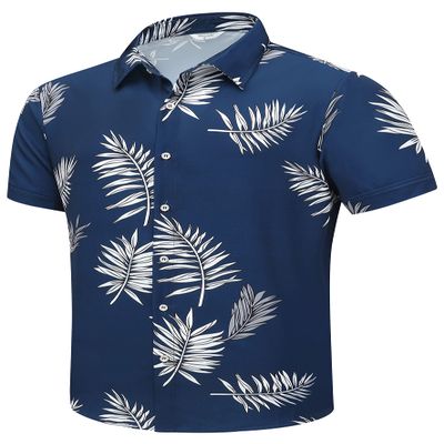 SheLucki Mens Hawaiian Shirts Short Sleeve Casual Button Down Shirts Summer Tropical Floral Beach Shirt Leaf Deepblue 1-078 3XL