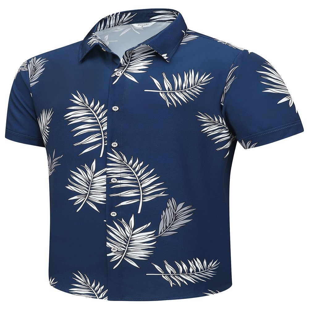 SheLucki Mens Hawaiian Shirts Short Sleeve Casual Button Down Shirts Summer Tropical Floral Beach Shirt Leaf Deepblue 1-078 3XL