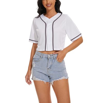 Women's Baseball Jersey Short Crop Tops Blank Button Casual Softball Shirt Activewear Tee Summer Clothing (White,L,Large,Regular,Regular)