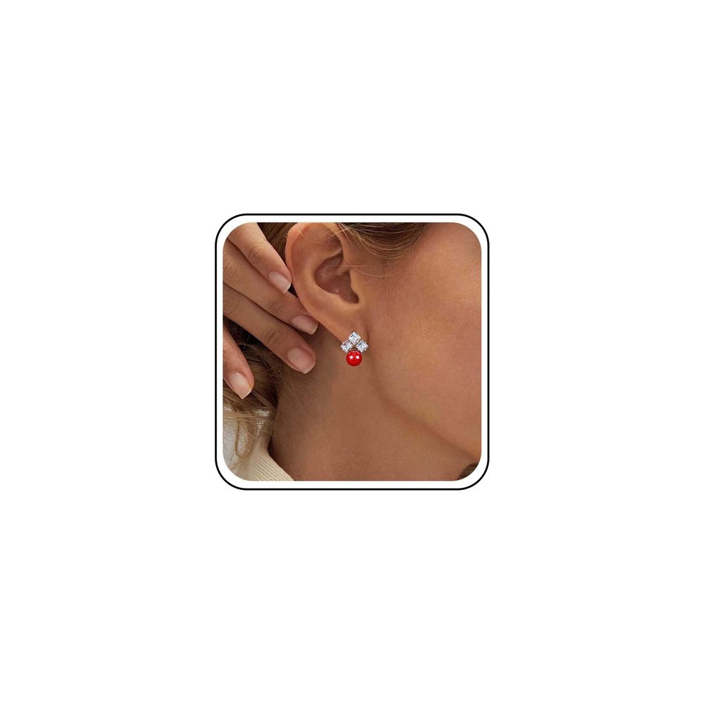 Allereyae Vintage Red Pearl Earrings - Crystal Square Stud Earrings - Jewelry for Women (White)