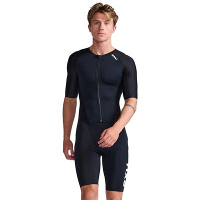 2XU Women's Trisuit Aero Sleeved Front Zip - Performance Triathlon Suit for Muscle Support - Black/White - Size X-Small
