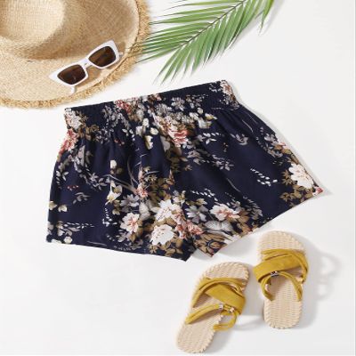 AMDMG Shorts for Women Shirred Waist Floral Shorts (Color : Multicolor, Size : Large)