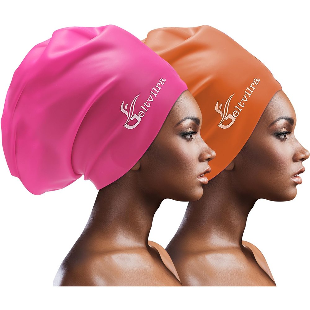 Extra Large Swim Cap for Braids and Dreadlocks Women Men Silicone Swimming Cap for Long Thick Curly Weaves Afro Hair Extensions (Fuchsia, Orange)