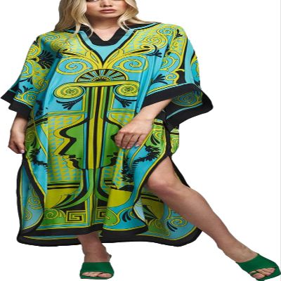 Womens Stylish Floral Silk-Like Turkish Caftan Ethnic Print Muslim Kaftans Light Weight Swimsuit Coverup Beach Maxi Dress (22130-4)