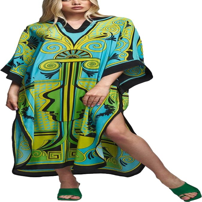 Womens Stylish Floral Silk-Like Turkish Caftan Ethnic Print Muslim Kaftans Light Weight Swimsuit Coverup Beach Maxi Dress (22130-4)