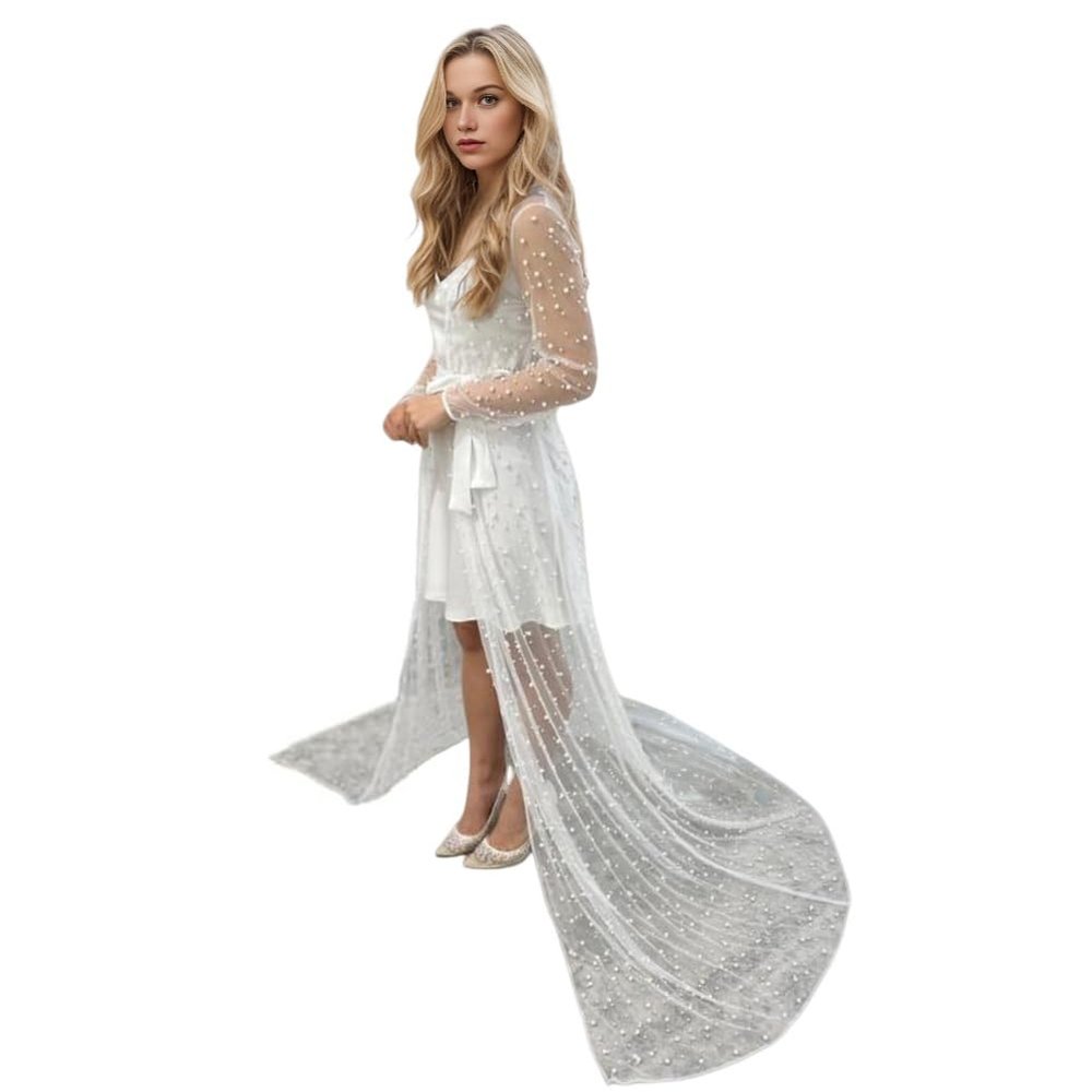 Pearl Long Sleeve Wedding Jacket Tulle Party Shawl BOLERO Floor-Length Bridal Cape Sexy pearl robe(ivory,L)