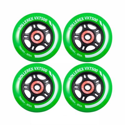 Rollerex VXT500 Inline Skate Wheels 4-Pack (Optional Bearings, Spacers and Washers) - Durable Replacement Roller Blade Wheels for Indoor & Outdoor Skating (76mm, Turf Green)