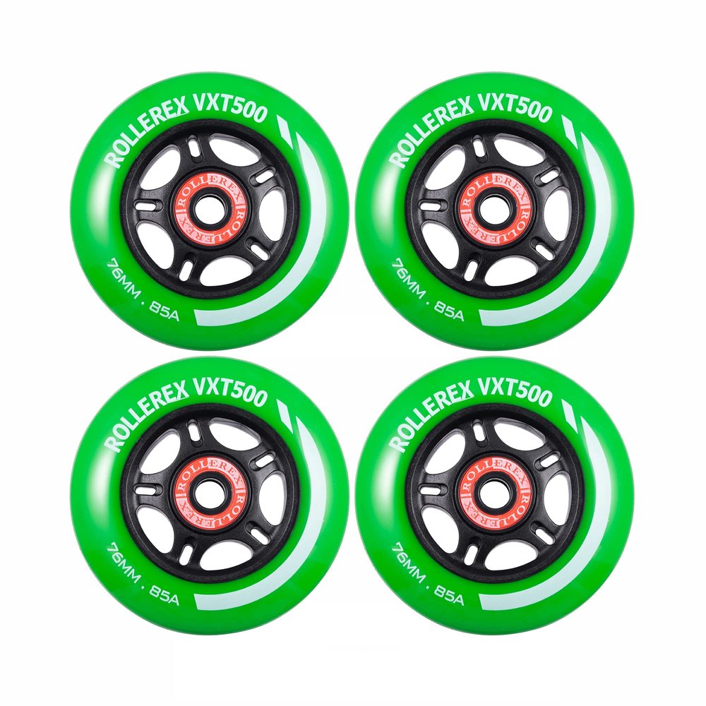 Rollerex VXT500 Inline Skate Wheels 4-Pack (Optional Bearings, Spacers and Washers) - Durable Replacement Roller Blade Wheels for Indoor & Outdoor Skating (76mm, Turf Green)