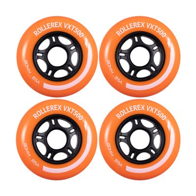 Rollerex VXT500 Inline Skate Wheels  4-Pack (Optional Bearings, Spacers and Washers) - Durable Replacement Roller Blade Wheels for Indoor & Outdoor Skating (80mm, Sunrise Orange)
