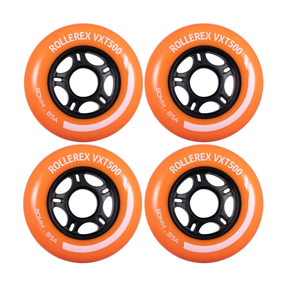 Rollerex VXT500 Inline Skate Wheels  4-Pack (Optional Bearings, Spacers and Washers) - Durable Replacement Roller Blade Wheels for Indoor & Outdoor Skating (80mm, Sunrise Orange)